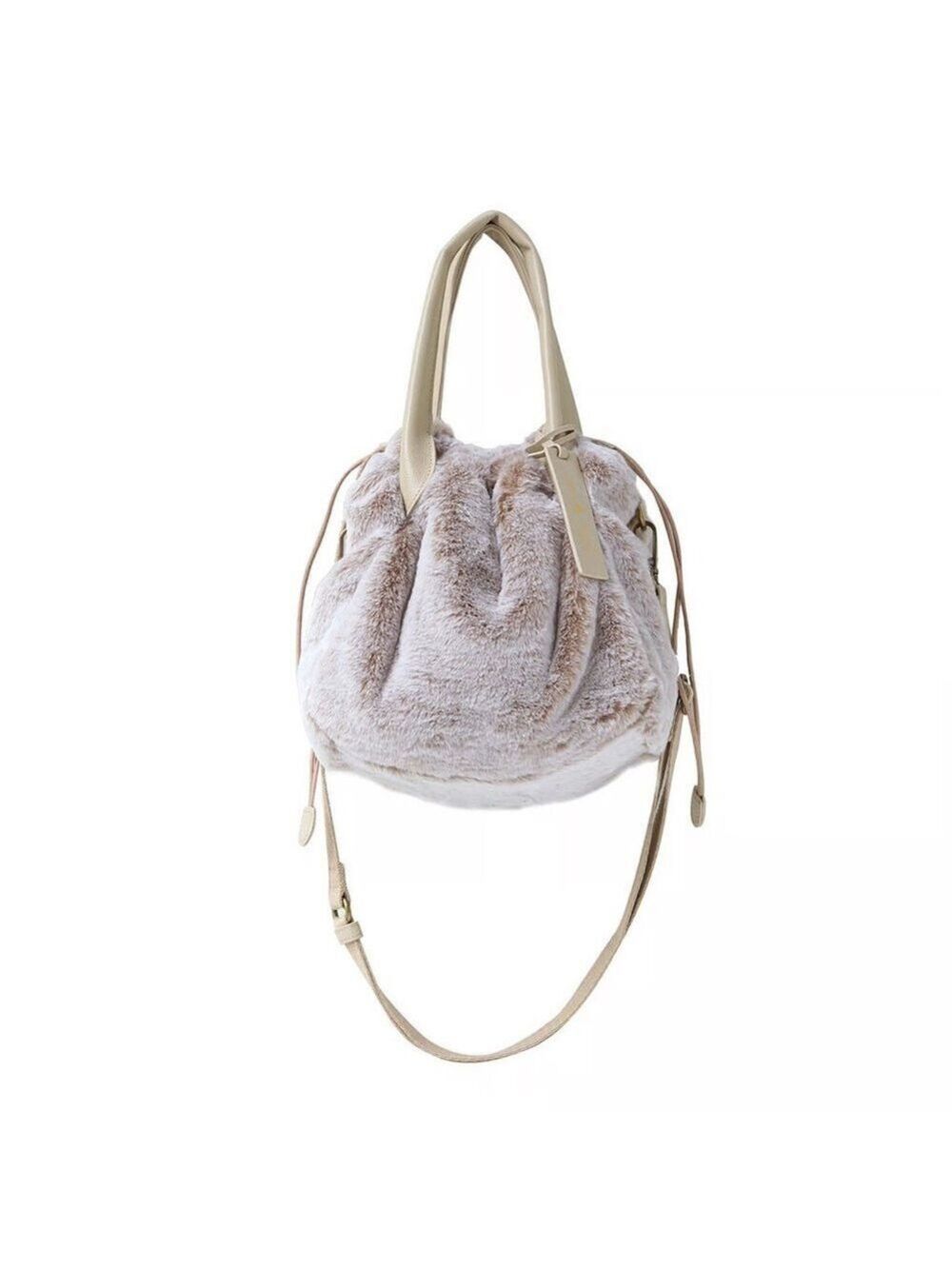 Japanese Chic Faux Fur Bucket Bag with Tan Straps